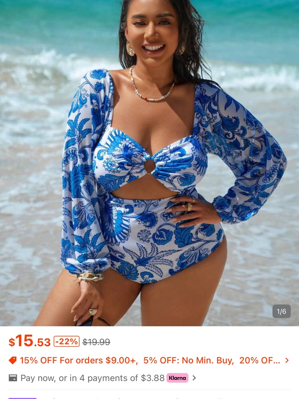 SHEIN White and Blue Floral Cutout One-Piece Swimsuit